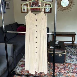 Tan Neutral Button Down Square Neck Midi Dress w. Adjustable Straps